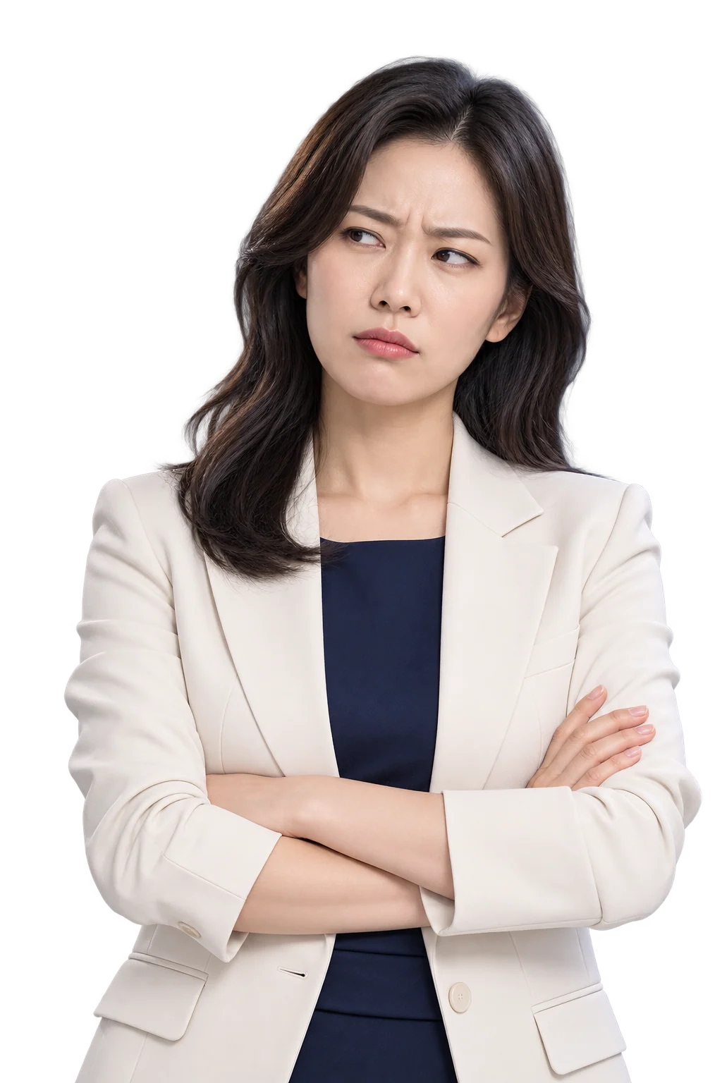 팔짱을 끼고 눈썹을 찡그린 채 의아한 표정을 짓는 여성